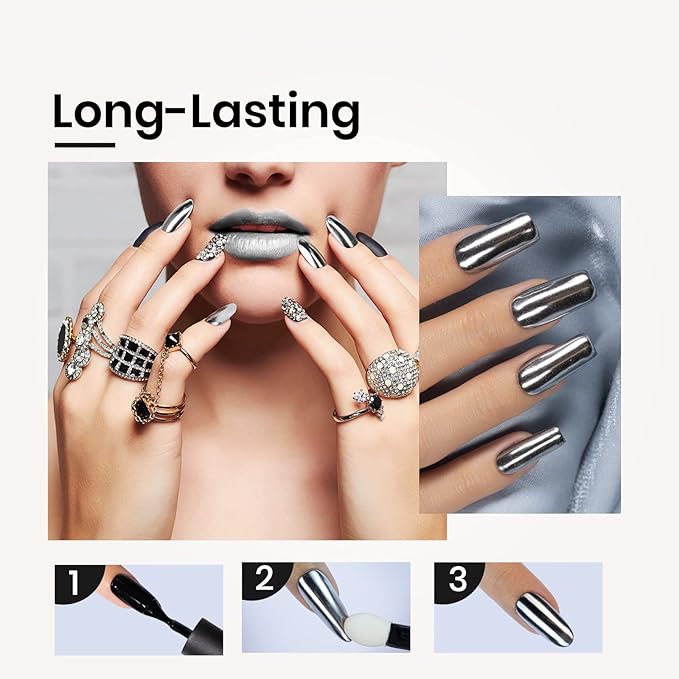 beetles Gel Polish Sliver Chrome Nail Powder, Mirror Metallic Effect Premium Salon Nail Glitter Manicure Pigments for Nail Art Design, 0.04oz/1g