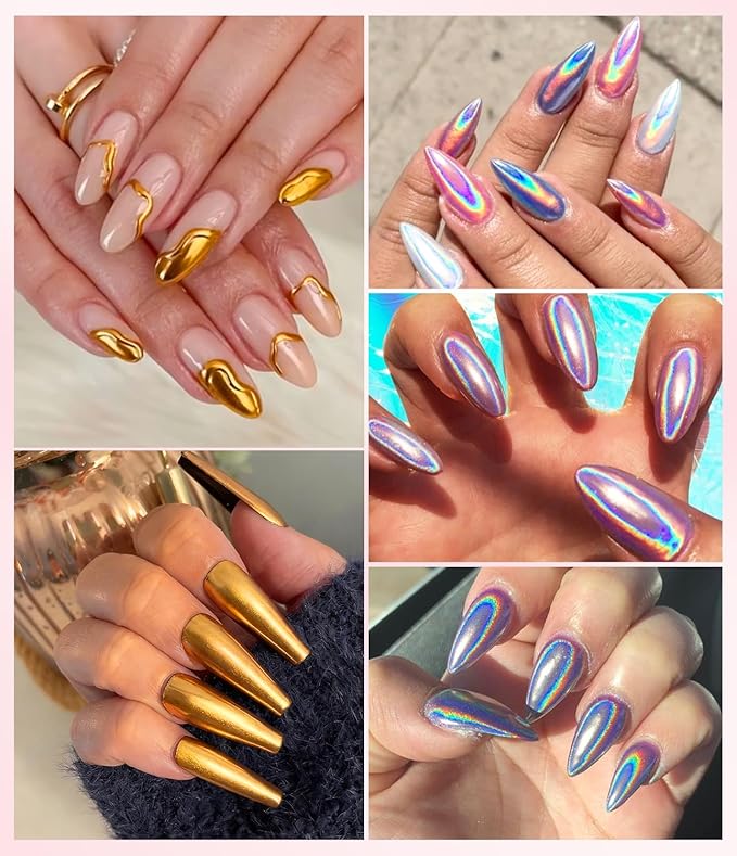 Gold Chrome Nail Powder - 6pcs Sparkly Laser Holographic Nail Powder Metallic Mirror Effect Pink Nail Chrome POwder, White Pearl Pigment Holo Iridescent Glitter Dust Kit, Nail Art Decoration