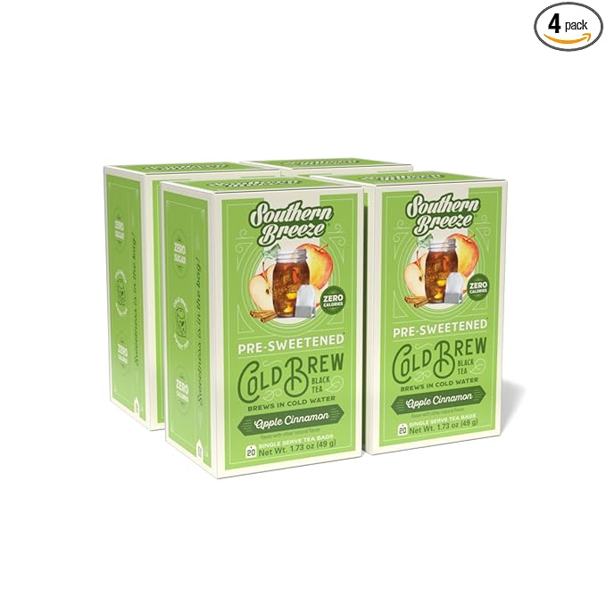 Southern Breeze Cold Brew Sweet Tea Apple Cinnamon Iced Tea with Black Tea and Zero Carbs Zero Sugar, 20 Individually Wrapped Tea Bags Pack of 4