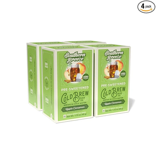 Southern Breeze Cold Brew Sweet Tea Apple Cinnamon Iced Tea with Black Tea and Zero Carbs Zero Sugar, 20 Individually Wrapped Tea Bags Pack of 4