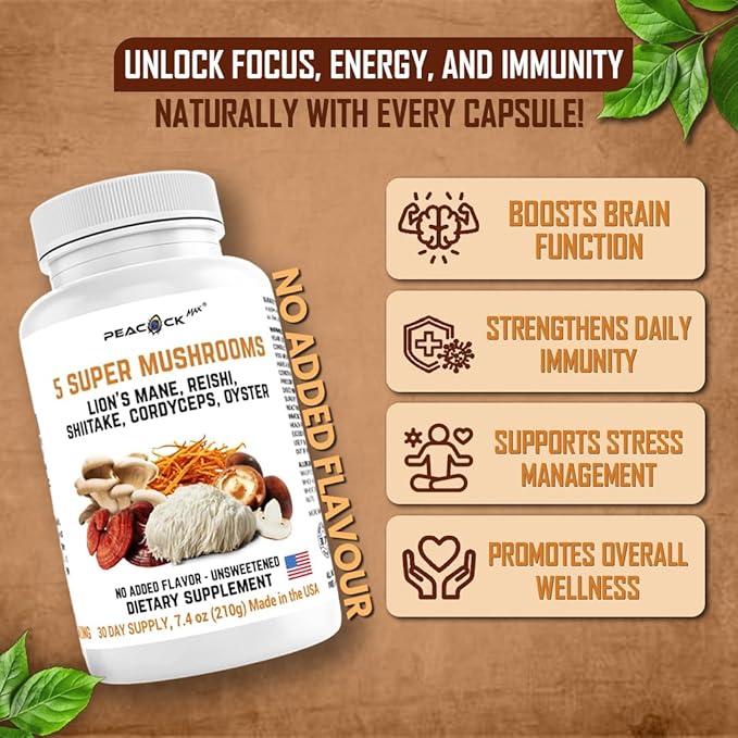 Mushroom Supplement Capsules, Pack of 20 (180 Count Each) – Reishi, Shiitake, Cordyceps, Oyster Mushrooms & Lions Mane Supplement Capsules