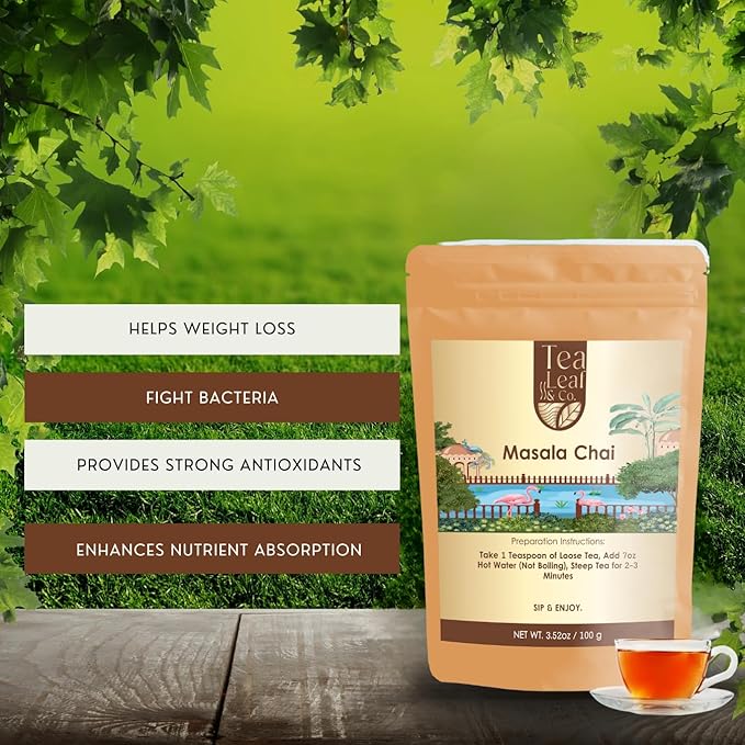 Tealeaf & Co. Masala Chai - Loose Leaf Black Tea Blended with Organic Spices (Ginger, Cardamom, Black Pepper & Cloves Whole Organic) - Low Caffeine (3.52oz/100gm)