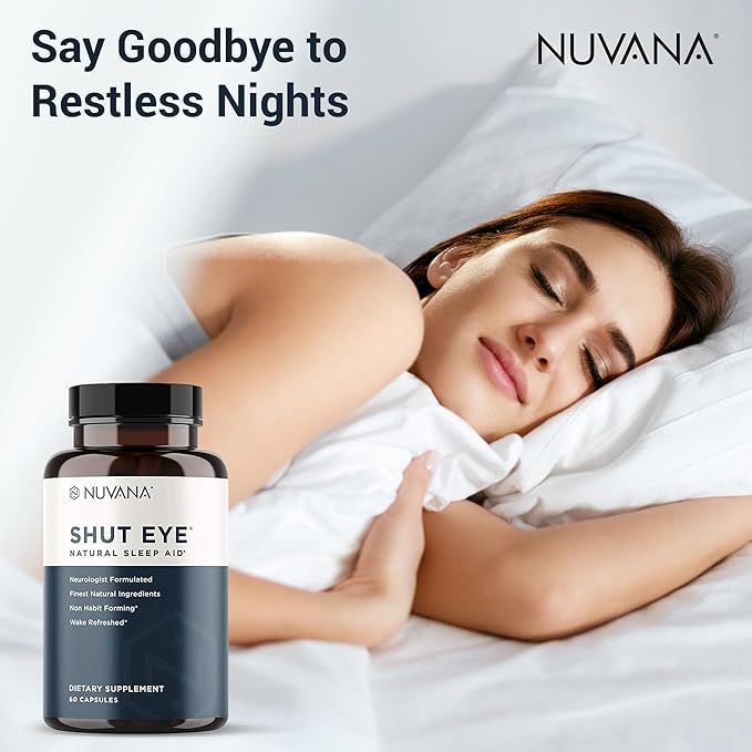 Shut Eye Natural Sleep Aid Supplement for Adults | 5mg Melatonin | Helps Relax and Promote Natural Deep Sleep with Valerian Root, Chamomile & Magnesium | Vegan & Non-GMO | 60 Capsules