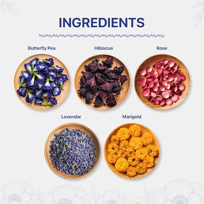 BLUE TEA - Floral Herbal Tea Gift - 5 Flower Tea in Glass Tube | EXOTIC TEA GIFT SET | Flower Based - Loose | Butterfly Pea, Rose, Marigold, Lavender, Hibiscus | Caffeine Free | Variety Tea | Tea Gifts for Women & Men