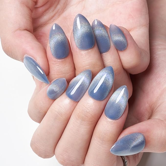 GLAMERMAID Blue Cat Eyes French Tip Press on Nails Short Almond, Rainbow Magnet Handmade Gel Fake Nail Kit, Ombre Glitter Magnetic Glue on Nail Stiletto, Medium Oval Stick on False Nail Set for Women