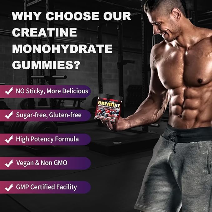 Creatine Monohydrate Gummies 5000mg - Sugar Free Pre Workout Supplement for Men & Women, Creatine Gummies for Muscle, Strength, Recovery, Cognitive Health & Memory, Mixed Berry Flavor, 120 Count