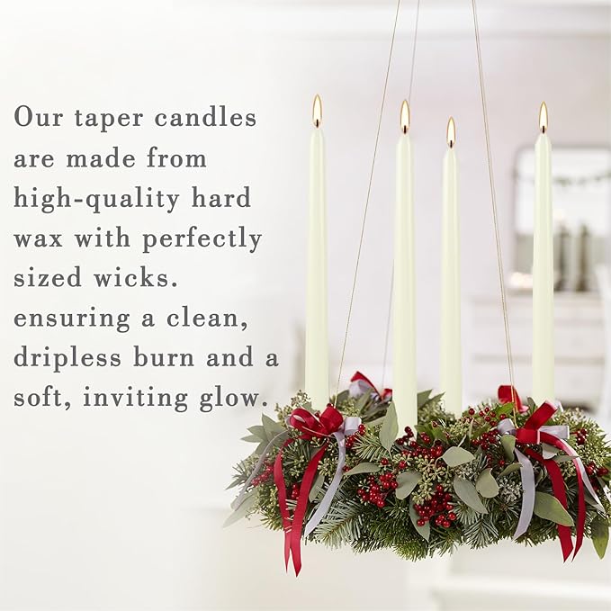 100Pack Ivory Taper Candles, 7-8 Hours Burn Time, Unscented, Smokeless and Dripless, 0.75 x 10 Inch Dinner Candle Set for Household, Wedding, Party and Home Décor Candlesticks