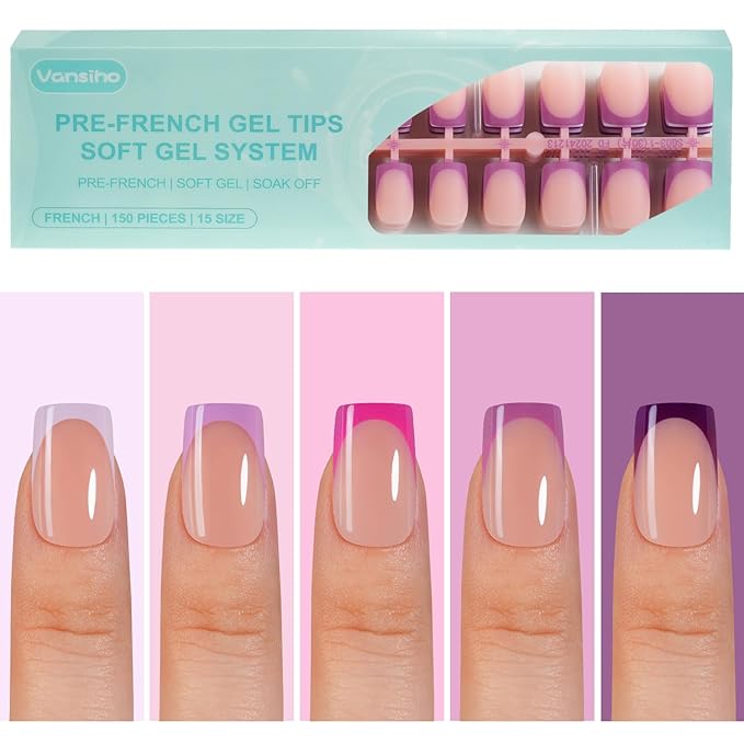 150Pcs French Gel Nail Tips, Vansiho Short Square Nail Tips, Purple Pre-French Tips Press on Nails, Soak Off Soft Gel Acrylic Fake Nails for Nail Art DIY 15 Sizes