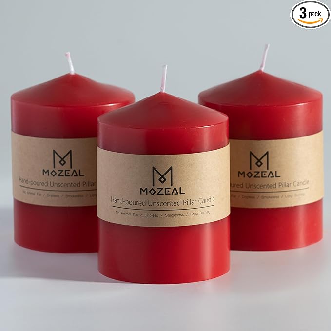 MOZEAL 3" x 4" Hand-Poured Unscented Red Pillar Candles,Dripless Candles Set of 3,Smokeless,Clean Burning,Approx 60 Hours Burn Time,Wedding,Dinner,Christmas and Home Decor（3 Inch Width Series）