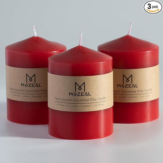 MOZEAL 3" x 4" Hand-Poured Unscented Red Pillar Candles,Dripless Candles Set of 3,Smokeless,Clean Burning,Approx 60 Hours Burn Time,Wedding,Dinner,Christmas and Home Decor（3 Inch Width Series）