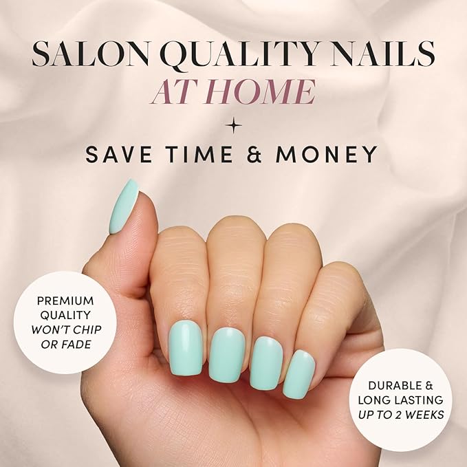 Glamnetic Press On Nails - Soft Teal | Short Squoval Light Blue Fake Nails with Glossy Finish, Salon Quality | 15 Sizes - 30 Nail Kit with Glue