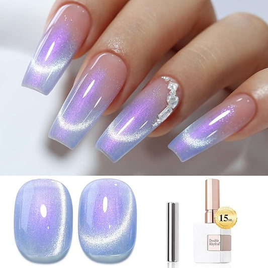 Double Rhythm 0.5 OZ Cat Eye Gel Polish with Magnet 15ML Holographic Glitter Shimmer Translucent Jelly Color Magnetic Nail Polish Salon DIY at Home (MC1001)
