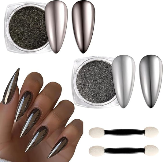 2 Colors Copper Black Chrome Nail Powder Dark Bronze Matallic Mirror Effect Nail Chrome Pigment Holographic Aurua Dust for Manicure Art Design Home Salon Supplies