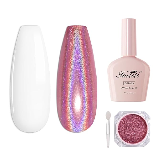 Imtiti Holographic Rose Gold Chrome Nail Powder Kit,1g Holo Iridescent Pink Meatllic Mirror Effect Powder with 10ml White Color Gel Polish Metal Nail UV DIY Kit