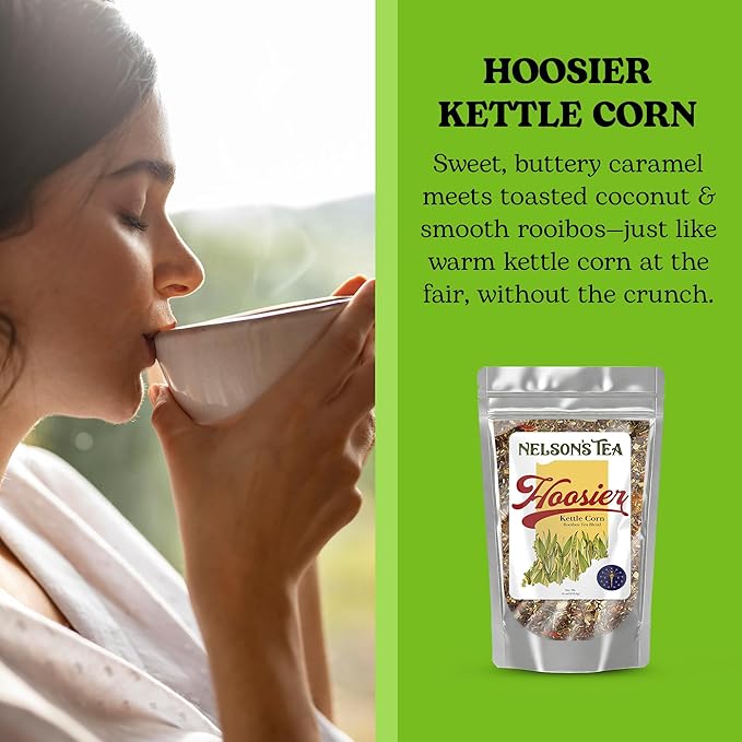 Nelson's Tea Hoosier Kettle Corn - Cut & Sifted, Caffeine Free Loose Leaf Tea with Sweet and Spicy Blend of Green Rooibos, Honeybush, Caramel, Corn, Safflower, Toasted Coconut, Marigold (16 oz)