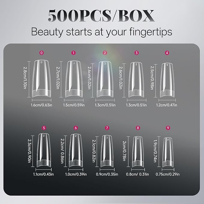 krofaue French Nail Tips - Acrylic Soft Gel False Tips 500PCS Half Cover Square Fake Nails for Women Half Matte French Tip Press on Nails 10 Sizes