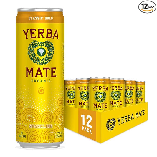 Yerba Madre Organic Organic Sparkling Yerba Mate, Classic Gold, 80mg Natural Plant Based Caffeine, Smooth Energy & Focus, Carbonated, 12 Oz (Pack of 12) (Packaging May Vary)