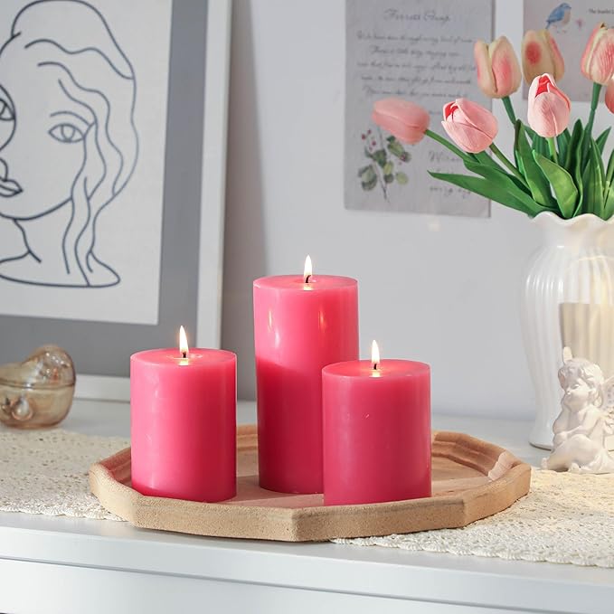 3x6 Inch Pink Pillar Candles Set of 3 - Decorative Unscented Pillar Candle, Long Burning Dripless Candle for Table Decor, Smokeless Large Pillar Candles for Wedding Table Decor