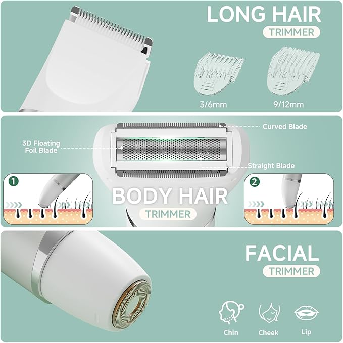 Bikini Trimmer for Women, 3-in-1 Electric Razors for Women, Waterproof Bikini Shaver Replaceable Facial, Body Trimmer for Pubic Hair, Painless Razor for Hair Trimmer Gifts for Her, Mint Green