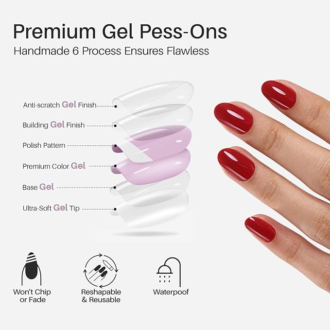 Red Press on Nails Oval for Women Gift - Soft Gel Press on Nails Short with Glue, Fit Perfectly & Natural Glue on Nails in 16 Sizes - 32 Reusable Fake Nails, Cherry Red