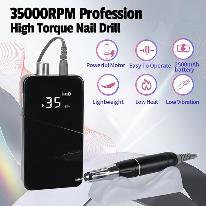 Electric Nail Drill Machine 35000RPM Professional Portable Nail File Cordless Rechargeable Nail Efile for Acrylic Gel Nails Manicure Pedicure Polishing Shape Tools for Salon (Black)