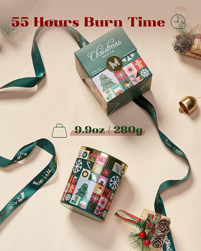 M&SENSE Christmas Pine Scented Winter Candle for Home, Soy Wax 9.9 oz 55 Hours Non Toxic Clean Burn, Fir Balsam Scent Long Lasting Relaxing Candle for Stress Relief, Holiday Gifts for Thanksgiving