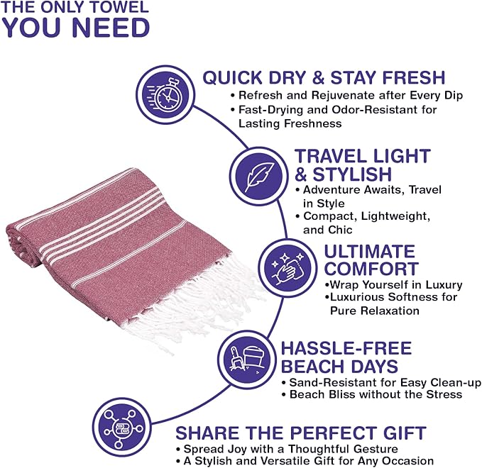 Turkish Beach Towels, Pack of 4 | Oversized, Quick Dry, Sand Free | 100% Cotton, Large 38x71 Towels for Beach, Pool, Travel | Ultra-Soft, Compact, and Absorbent | Burgundy