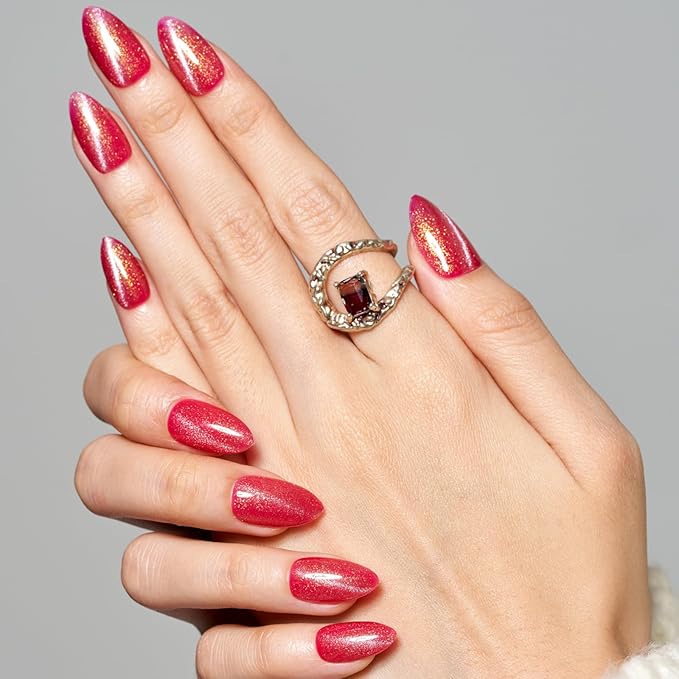 GLAMERMAID Hot Pink Magnet Line Cat Eyes Press on Nails Short Almond, Handmade Glitter Gel Fake Nail Kit, Ombre Glitter Magnetic Glue on Nail Stiletto, Medium Oval Stick on False Nail Set for Women