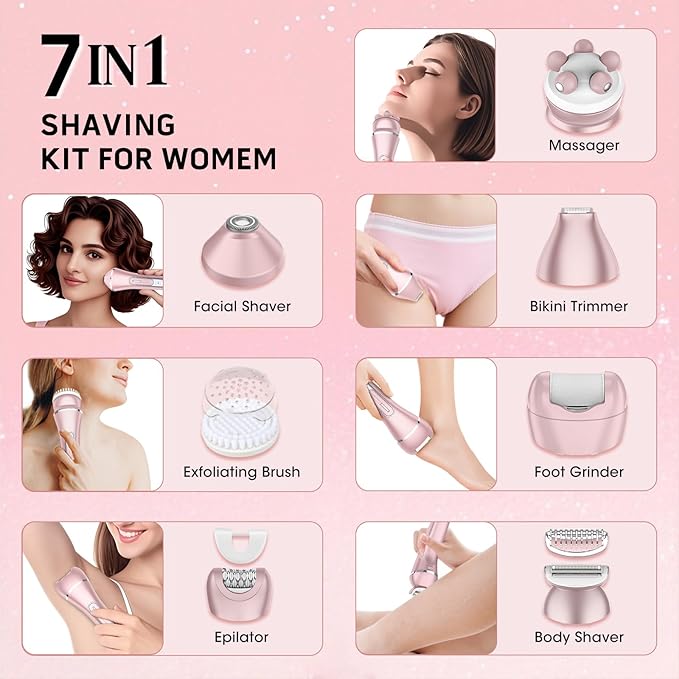 Electric Shavers for Women, 7 in 1 Hair Removal Kit with Epilator Bikini Trimmer Face Razor Body Brush Face Massager Foot Callus Remover, IPX7 Waterproof Lady Razors Set for Legs Armpit Bikini Pubic