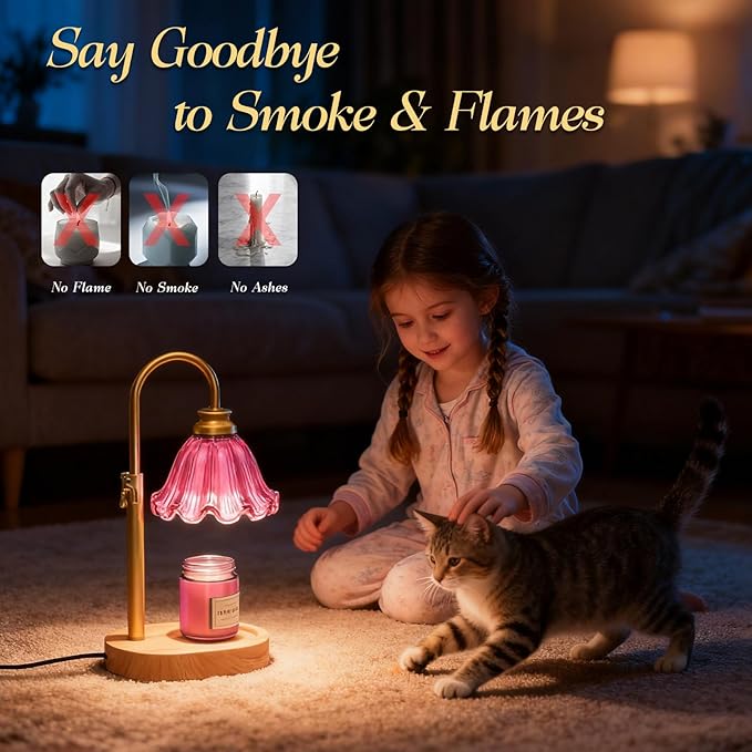 Candle Warmer Lamp with Adjustable Height - Flameless 4-Level Dimmable Wax Warmer with Colorful Glass Shade & Wooden Base, Timer Function & Stylish Design in Multiple Colors (Purple)