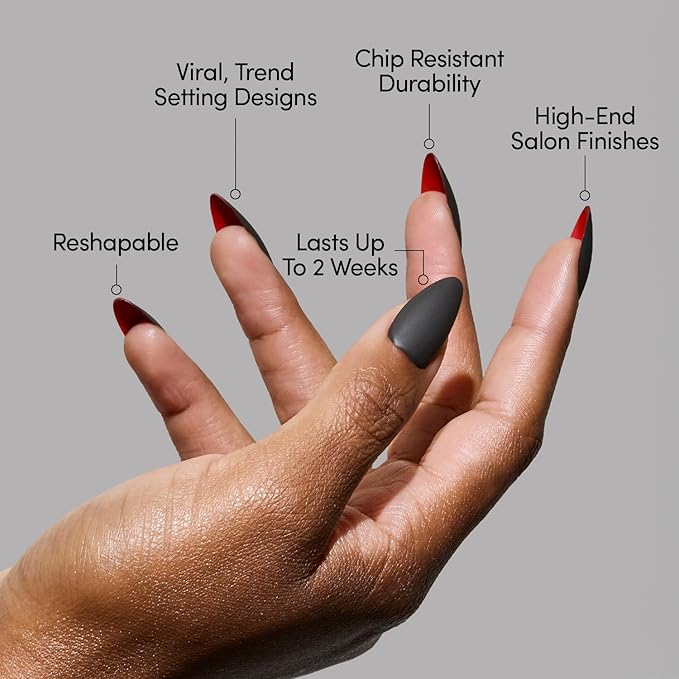 Glamnetic Press On Nails - Red Bottom | Red Accent Dual Side Medium Almond Fake Nails with a Black Matte Finish, Salon Quality Halloween Nails | 15 Sizes - 30 Nail Kit with Glue