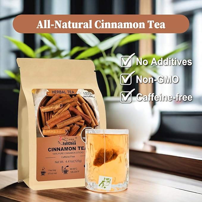 FullChea - Cinnamon Tea bags, 50 Teabags - Natural Cinnamon Sticks Tea for Relaxation - Caffeine-free - Support Better Sleep