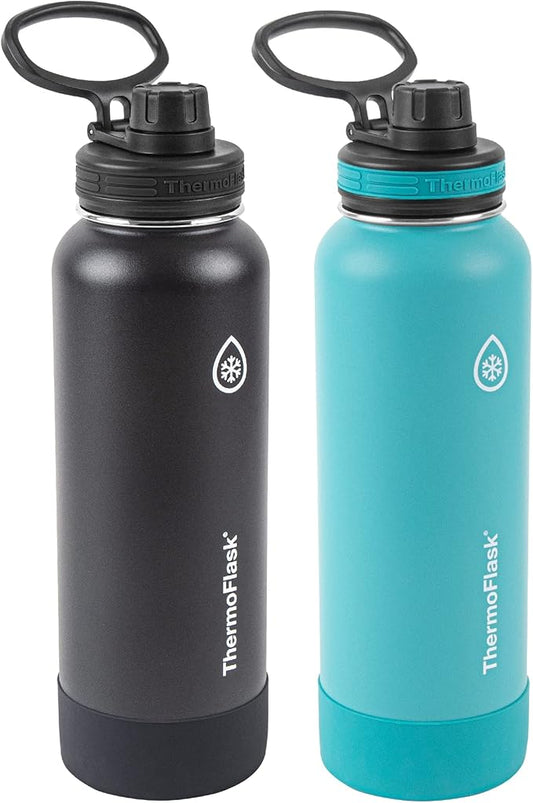 Thermoflask 40 oz Bottle with Spout Lid - Stainless Steel, Double-Wall Insulation & BPA-Free - Leakproof, Resuable - Onyx Black/Splash (2 Pack)