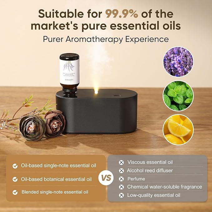 Waterless Diffuser for Essential Oil Nebulizer, Mini Scent Air Machine, Aromatherapy Atomizing Diffuser, 3 Mist Modes, Cycle Start for Bedroom, Home, Office 160 sq. ft Scent Black