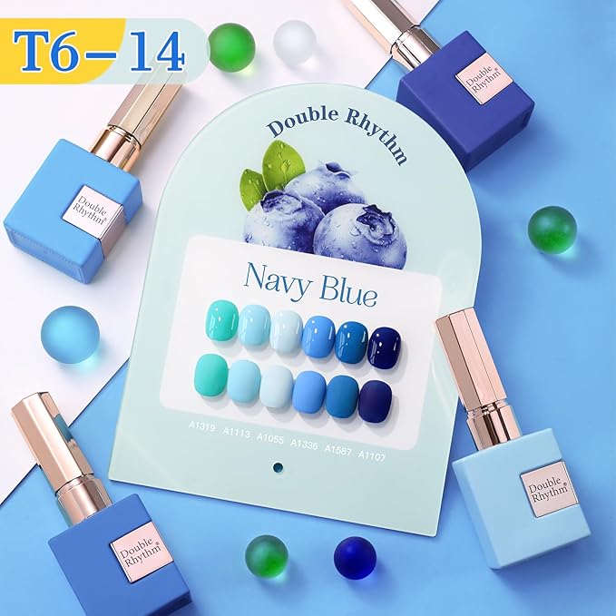 Double Rhythm 6 Pcs 15 ML Gel Polish Set Same Color Same Bottle Soak Off Gel Polish Kit Nail Art Manicure Salon DIY at Home for Women (Light Blue Dark Navy Teal-T6-14)