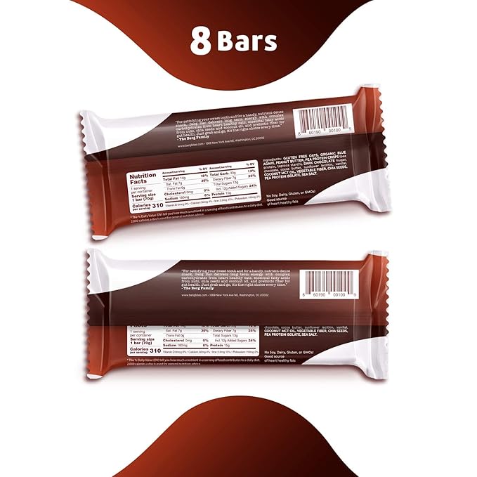 Berg Oat N' Energy Bar | Peanut Butter & Dark Chocolate | Plant Based Protein Bar | Non-GMO, Gluten Free, Nut Free and Vegan | Low Sugar, Healthy Snack Bar | High Fiber | On The Go | 2.5oz (8 Packs)