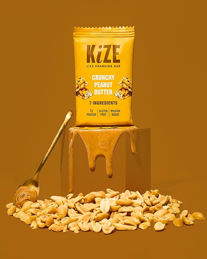KiZE Energy Bars - Crunchy Peanut Butter - 30-Count - Gluten Free, Dairy Free, Non-GMO, and High Protein Meal Replacement Energy Bars, Clean and Simple Food Ingredients - 7g High Protein Snacks (30 Count)