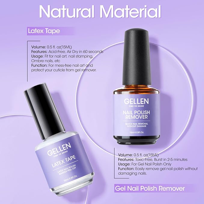 Gellen Gel Nail Polish Remover Kit - Gel Polish Remover and Latex Tape Peel Off Liquid, Gel Remover for Nails in 3-5 Minutes, Gel Remover Kit Cuticle Guard for Nail Art Liquid Latex Barrier Protector