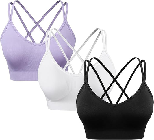 Women's Cross Back Sports Bra Padded Strappy Medium Support Yoga Bra for Workout Fitness 3 Pack