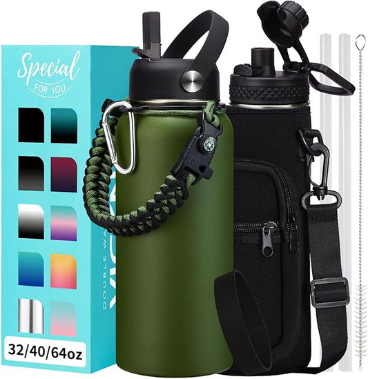 32 oz Water Bottles Insulated with Straw & Chug Lid, Paracord Handle, Strap Carry Bag, Triple Wall Stainless Steel Wide Mouth Thermal Flask for Men Women Gym Outdoor Fitness Sports Hiking, Army Green