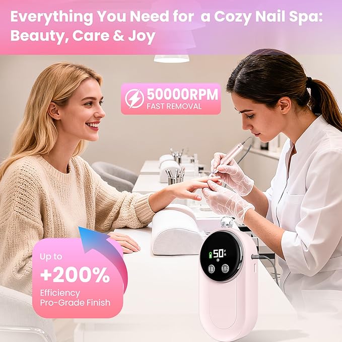 Nail Drill Professional, 50000RPM Rechargeable Cordless Electric Nail Kit with Bits & Anti-Slip Pad, Portable for Acrylic/Gel Removal & Faster Shaping, Manicure & Pedicure at Home or Salon
