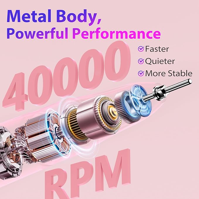 Professional Nail Drill 40,000 RPM, Rechargeable,LCD Display E File Machine for Acrylic Nails Gel Polishing Removing Portable Nails Efile Tools for Manicure Salon & Home (Pink)