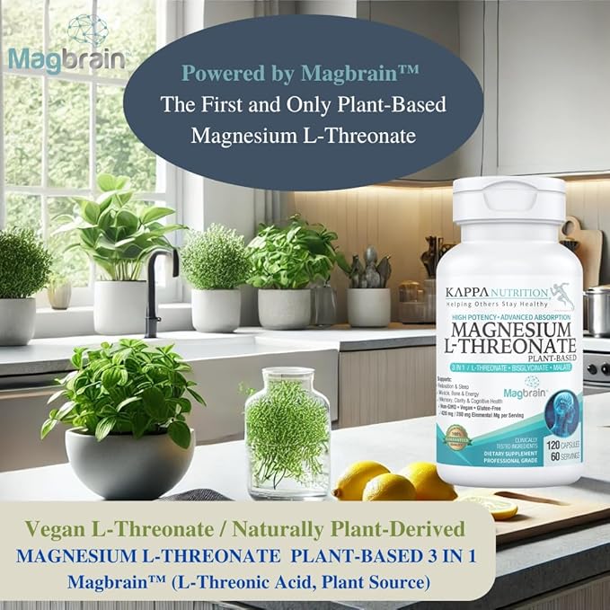 Kappa Nutrition Powered by Magbrain™ Magnesium L-Threonate Plant-Based, 420mg Elemental Magnesium (3 Capsules) from 2,253mg, 120 Vegan Capsules, Brain, Sleep & Muscle Support.