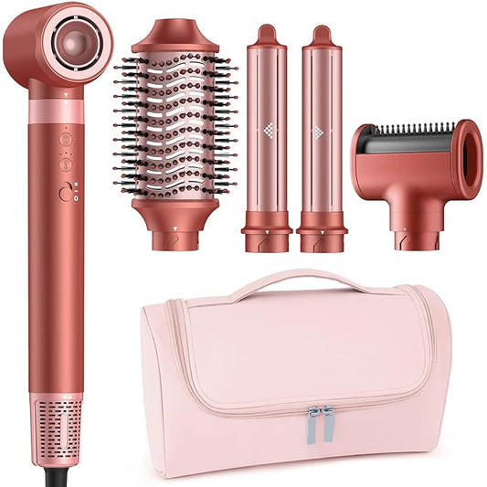 5 in 1 High-Speed Hot Air Styler - Professional Frizz-Free Hair Dryer Brush, Fast Drying Hair Dryer, No Heat Damage Air Styler Wrap - Curl, Volumize, Straighten with Travel Bag