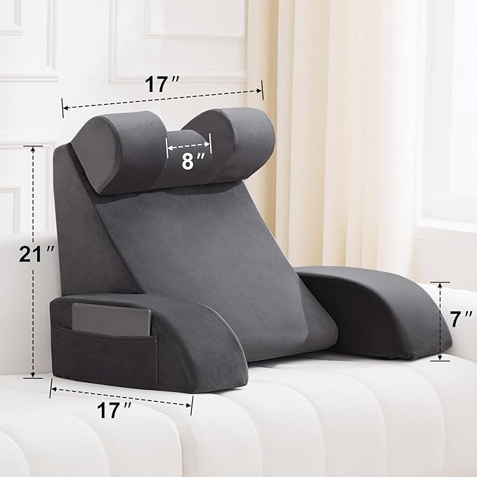 Reading Pillow for Sitting in Bed Adult, Back Pillow for Bed Sitting up, Backrest Pillow with Arms, Back Support Pillows for Gaming Lounging Watching TV, Large 21" Grey