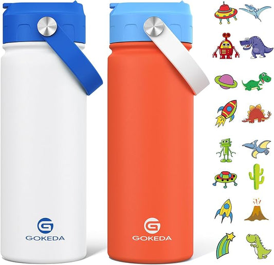 GoKEDA 18oz Kids Water Bottle, 2 Pack Insulated Bottles with Stickers, 18/8 Stainless Steel Vacuum Leak Proof Straw Cup for School, Gifts for Boys Girls(White+Orange)