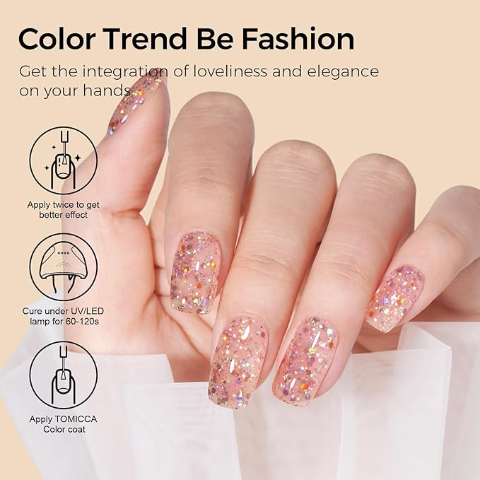 TOMICCA Glitter Gel Polish, 15ml Champagne Gold Sparkly Gel Nail Polish, Soak Off UV Nail Polish Natural Color Nail Art DIY Manicure Salon