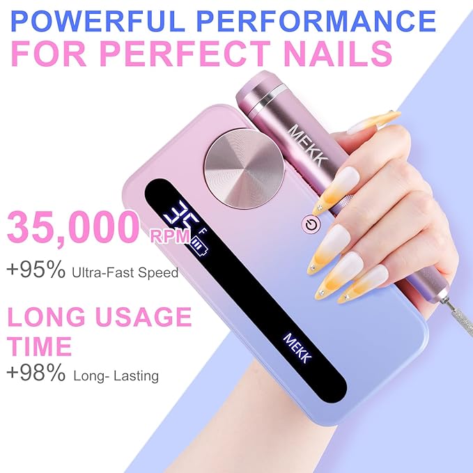 MEKK Nail Filer Electric Nail File,35000RPM Electric Nail Drill Kit with 12PCS Bits,Professional Anti-Shaking Cordless Nail Drill for Acrylic Nails,Home & Salon-Pink
