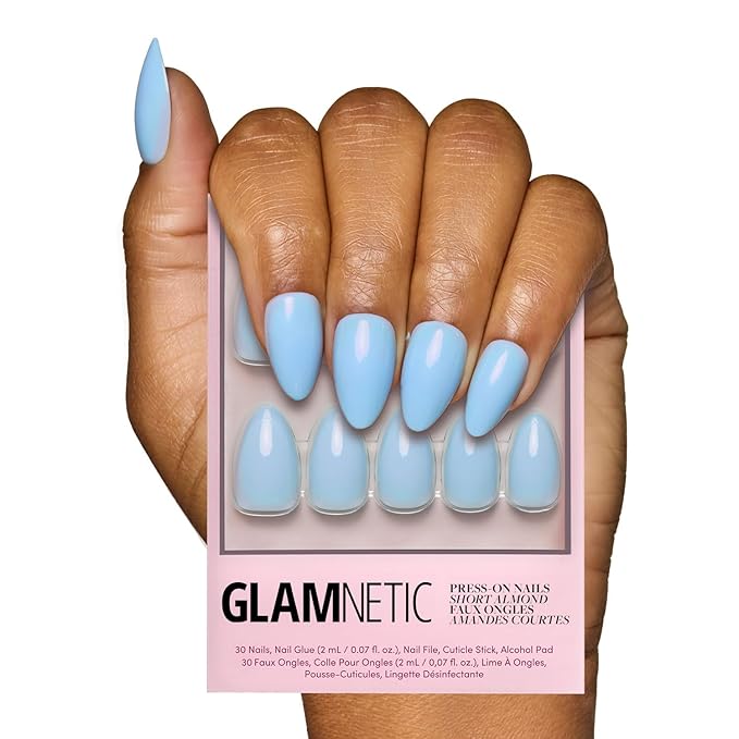 Glamnetic Press On Nails - Soft Blue | Short Almond Blue Fake Nails with Glossy Finish, Salon Quality | 15 Sizes - 30 Nail Kit with Glue