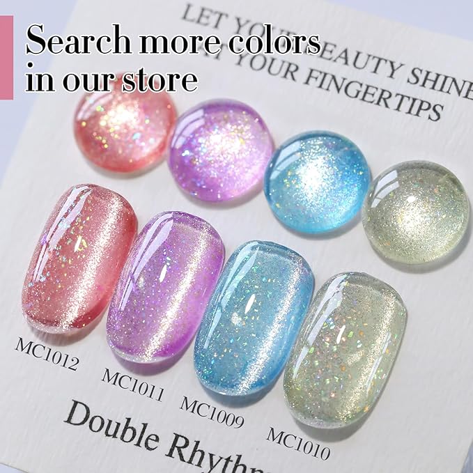 Double Rhythm 0.5 OZ Cat Eye Gel Polish with Magnet 15ML Holographic Glitter Shimmer Translucent Jelly Color Magnetic Nail Polish Salon DIY at Home (MC1012)